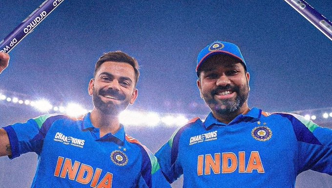 Virat Kohli and Rohit Sharma wearing blue India cricket jerseys with 