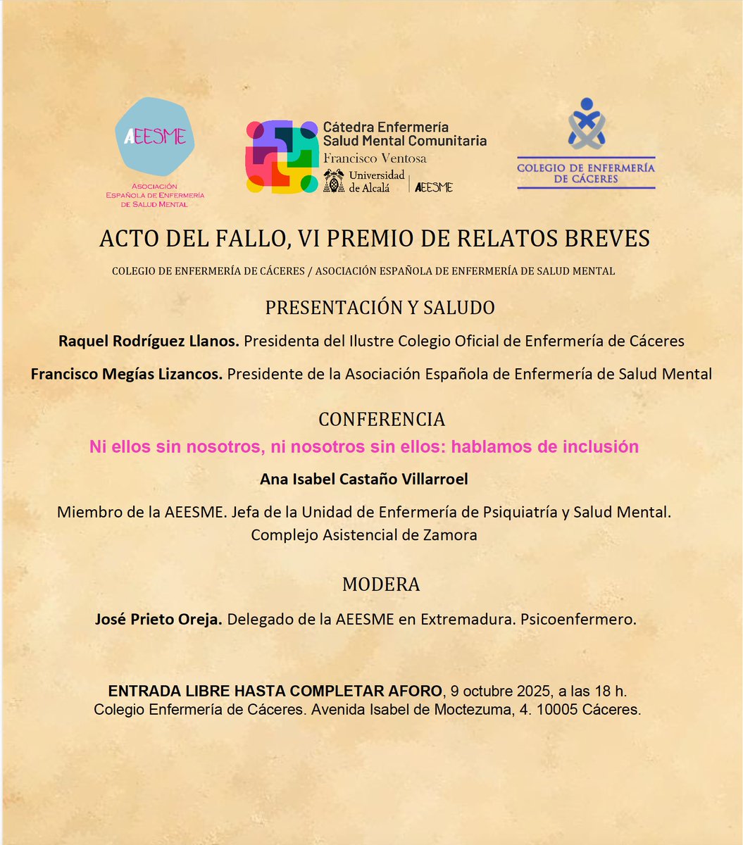 COE_Caceres's tweet photo. 📢 Os animamos a acompañarnos en el Acto del Fallo "VI Premio de Relatos Breves" organizado por el Colegio y @_AEESME
🗓 Jueves, 9/10/25
🕰 18 hs
📍Salón de Actos del Colegio
#colegioenfermeríacáceres #VIPremioRelatosBreves #SaludMental #conferencia #AEESME https://t.co/zZKu89nfaB