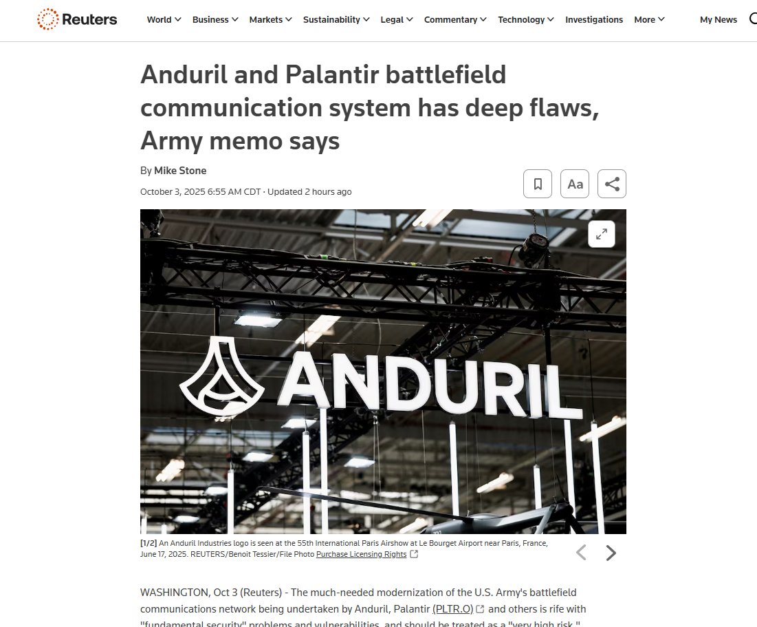 <a href="/PalantirTech/">Palantir</a> $PLTR This was already fixed 

WASHINGTON — The US Army says it has mitigated several cybersecurity risks discovered in an early iteration of its nascent Next Generation Command and Control (NGC2) platform, as detailed in a blunt memo obtained by Breaking Defense.