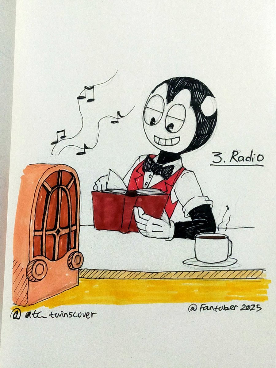 twinscover12's tweet photo. Fantober day 3 is Radio.
Bendy just enjoy his time reading his books with coffee and good music from his radio.
#fantober #fantober2025 #bendythedancingdemon #bendyandthedarkrevival #bendyandtheinkmachine #batim #batimau #moderntoonau https://t.co/qjjN0Mfqd3