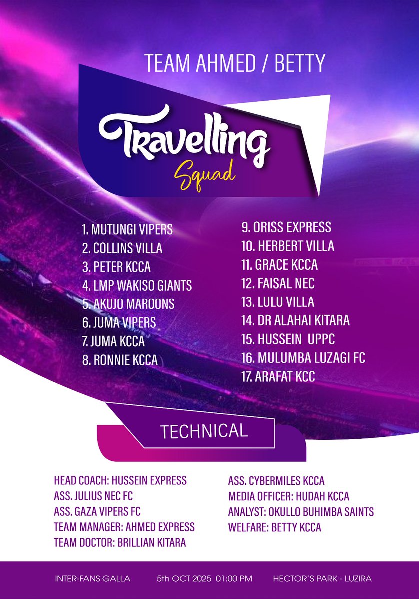🟣🟣Your final squad for team <a href="/ahmedwahabaw1/">ahmed wahab aw</a> and <a href="/Nakanwagi2019/">Nakanwagi Betty</a> which has travelled to the camp to prepare for the UFM Sunday gala games at Hectaz Park Luzira.
Tag who you see and wish him/her the best.
#UFMGala
#UplFansMeetup
#HectazParkLuzira #WearYourLocalJersey