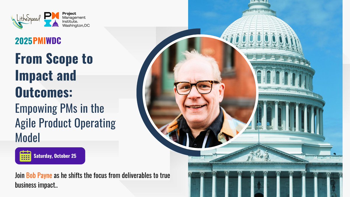 lithespeed's tweet image. Join us at the @PMIWDC Conference on 10/25, where Bob Payne will present:

🎤 “From Scope to Impact and Outcomes: Empowering PMs in the Agile Product Operating Model”

Get your ticket: pmi.org/chapters/wdc/2…

#productoperatingmodel #pmi #pmiwdc #dmv #productowners #agileteams