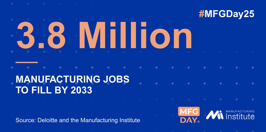 Today is Manufacturing Day!

In the years ahead, approximately 3.8 million manufacturing jobs are expected to become available across the United States. 

Learn more at mfgday.com.

#mfgday25 #americanmanufacturing #creatorswanted