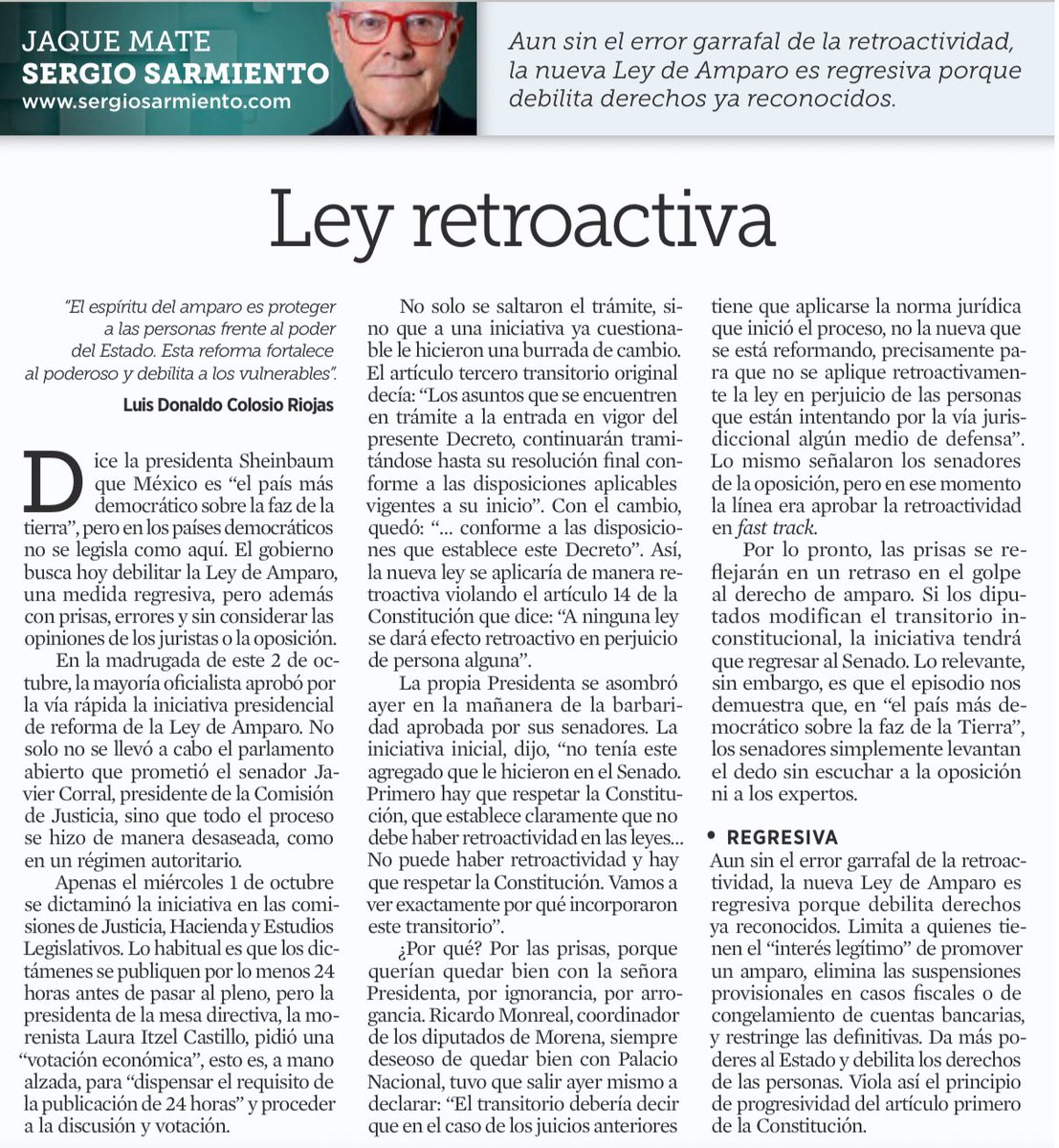 aracelibs's tweet photo. 🔴 Aun sin el error garrafal de la retroactividad, la nueva Ley de Amparo es regresiva porque debilita derechos ya reconocidos: @SergioSarmiento

No entiendo cómo pueden estar tan tranquilos en México con esto ¡🤯! https://t.co/JHHevN2zR7