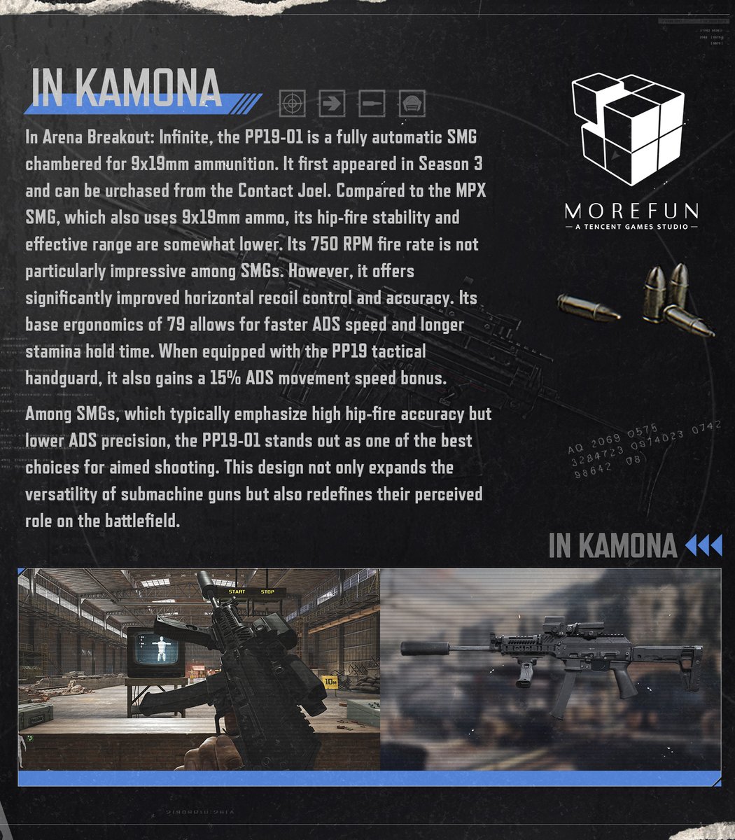 MoreFunStudios's tweet image. This week on Morefun Click &amp;amp; Load, we’re spotlighting the PP1901! Known for its reliability and impressive rate of fire, this SMG is a great addition to your arsenal.

#games #ArenaBreakout #arenabreakoutinfinite #ArenaBreakoutPC #fyp #MilitaryTech #PP1901 #SMG #gaming