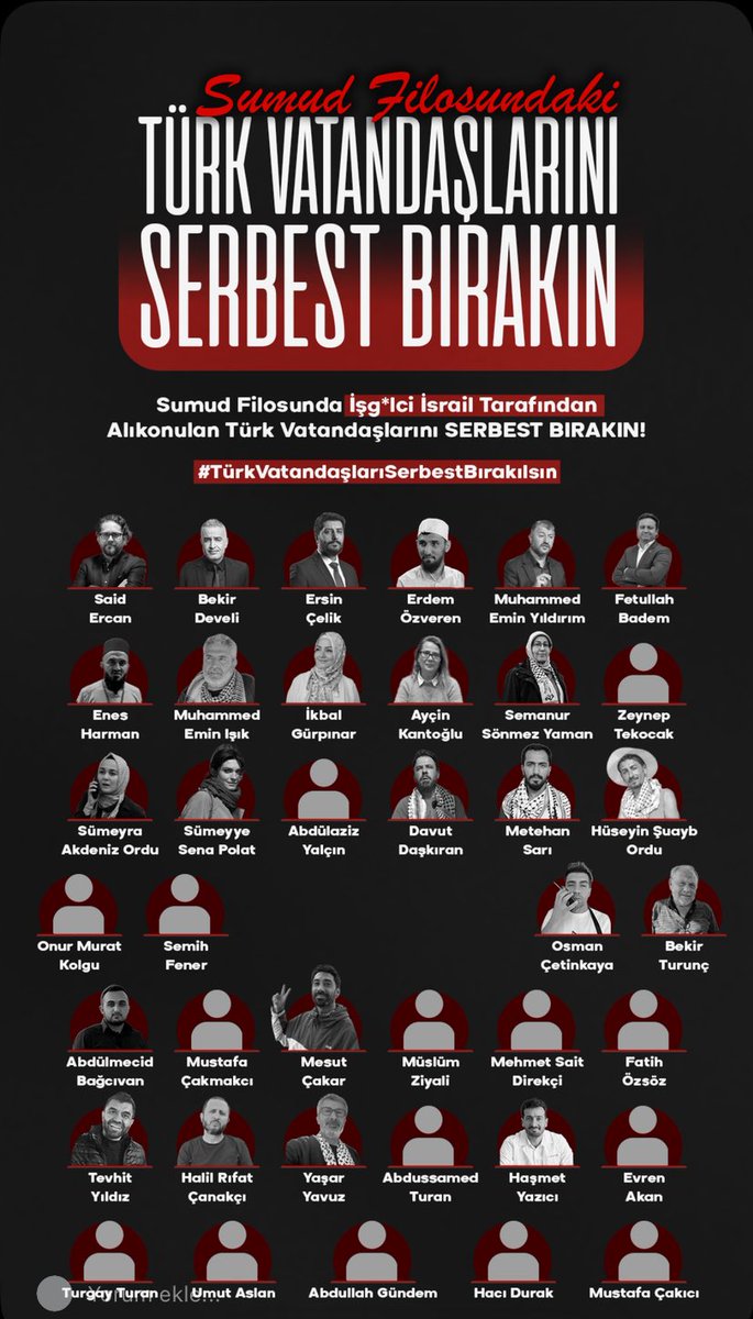 Türk vatandaşlarımız başta olmak üzere, SUMUD Filosunda yer alan ve uluslararası sularda gözaltına alınan tüm aktivistler derhal serbest bırakılmalıdır. Ülkemiz, bu konuda gereken adımları ivedilikle atmalıdır.

<a href="/TC_Disisleri/">T.C. Dışişleri Bakanlığı</a>
#SumudForGaza 
#FilistinÖzgürOlanaDek