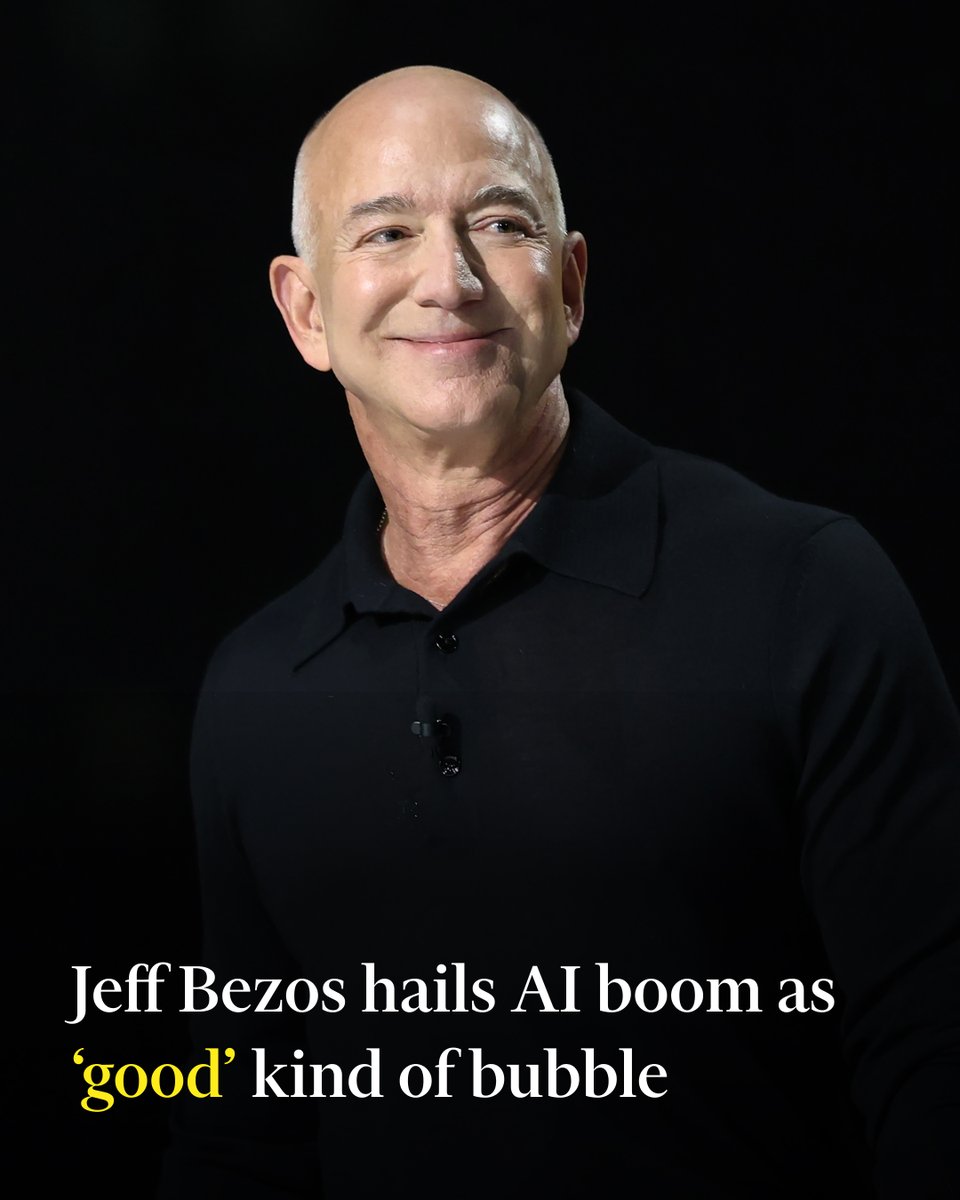 FT's tweet image. Jeff Bezos has argued that the surge of investment in artificial intelligence is fuelling a &apos;good&apos; kind of bubble, delivering lasting benefits for society even if share prices collapse as dramatically as his ecommerce company’s did 25 years ago. on.ft.com/4pRLD0X