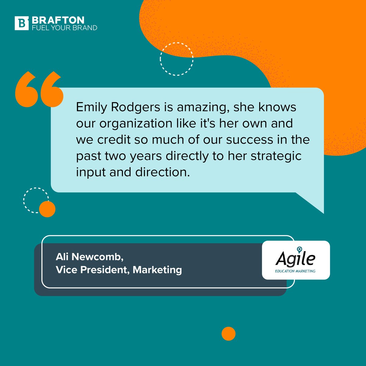 Brafton's tweet image. We’re proud of how Brafton’s Emily Rodgers treats Agile Education Marketing attentively, like it’s her very own organization — showing just how seriously we take each client!

#Brafton #ClientTestimonial #StrategicGenius
