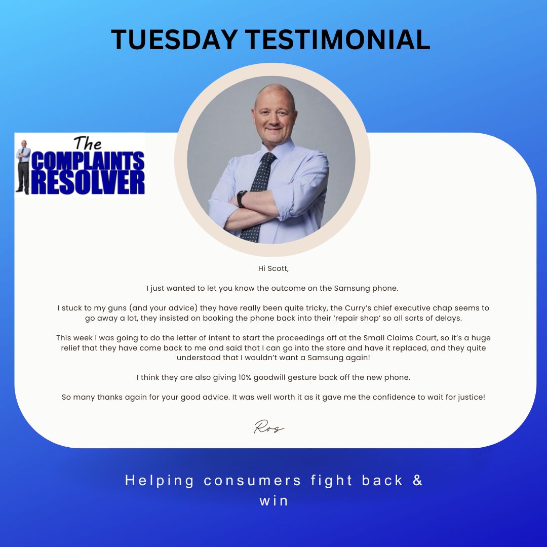 scott_expert's tweet image. 💥 Tuesday Testimonial 💥 
I take on big retailers and win. This time it&apos;s Currys: 
 📱Brand-new replacement phone 
💸 £1,059 refund
Currys have blocked me on X, but they can&apos;t block the Consumer Rights Act 2015 👊
#TuesdayTestimonial #ConsumerRights #WinWithScott