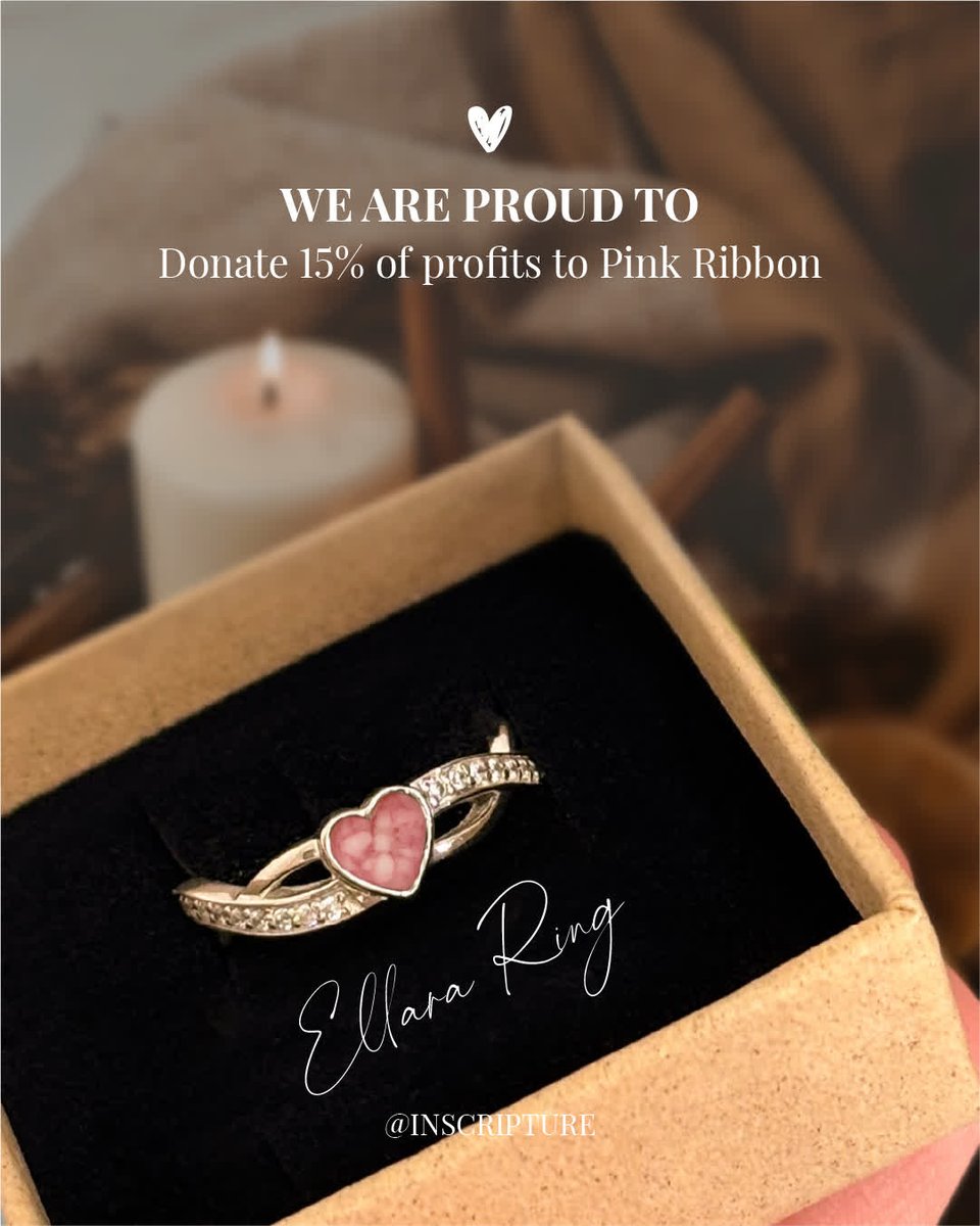 For every Ellara Ashes Ring purchased, 15% will go directly to the Foundation to help fund research and support for those affected by breast cancer. 💕

inscripture.com/shop/ellara-as…

#pinkribbonfoundation #breastcancerawareness #ashesring #memorialjewellery #ashesintojewellery