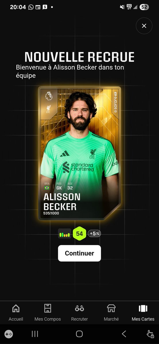 Nan mais serieux...mardi soir je gagne Alisson...trop content, 1ere Star gagné depuis longtemps...le soir meme il se pète,  absent pour 8 semaines 🤦 #chatnoir <a href="/Sorare/">Sorare</a>