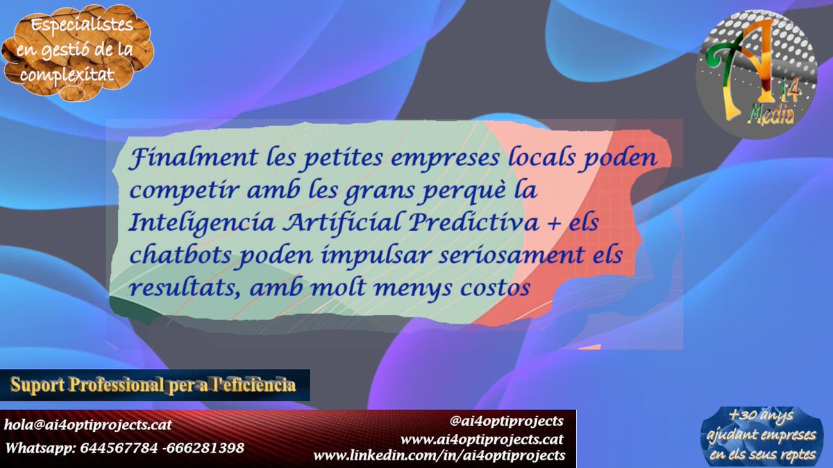 ai4_media's tweet image. Perquè al món global la optimització és un factor fonamental..
Facilitar la interacció, automatitzar i atenció 24*7*365, la tecnologia ho pot permetre per a petites i mitjanes empreses.
#SolucionsAi4 #Optimització
#TransformacióDigital