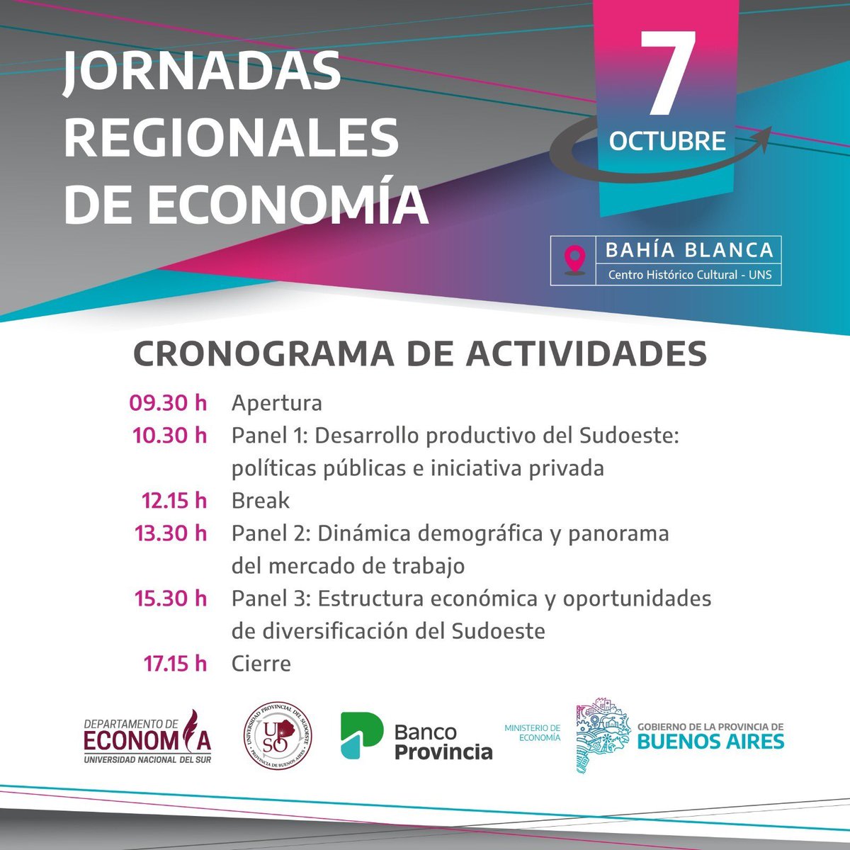 Se vienen las  2° Jornadas Regionales de Economía, donde te invitamos a reflexionar sobre los desafíos económicos y sociales del Sudoeste bonaerense.

📌 Ejes de debate:
✅ Desarrollo productivo
✅ Dinámica demográfica y laboral
✅ Estructura económica y oportunidades de