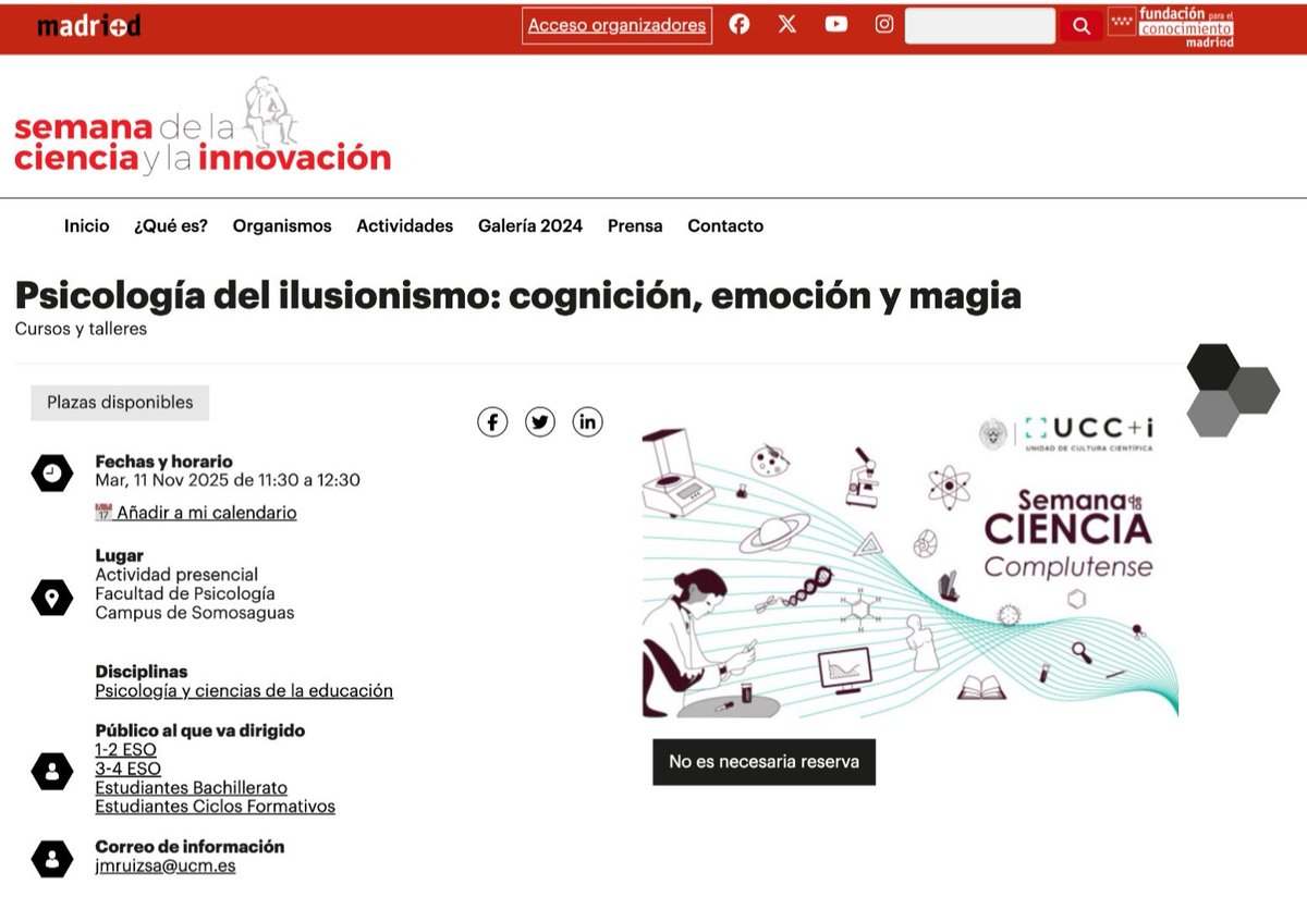 logicortex's tweet image. Me hace mucha ilusión acercar el arte del #ilusionismo a la Semana de la Ciencia y la Innovación de Madri+d... 

semanacienciamadrid.org/actividad/psic…

El 11 de noviembre estaré haciendo talleres toda la mañana en la @UCM_Psico para chavales de Instituto... 

#Cognición #Emoción #Magia