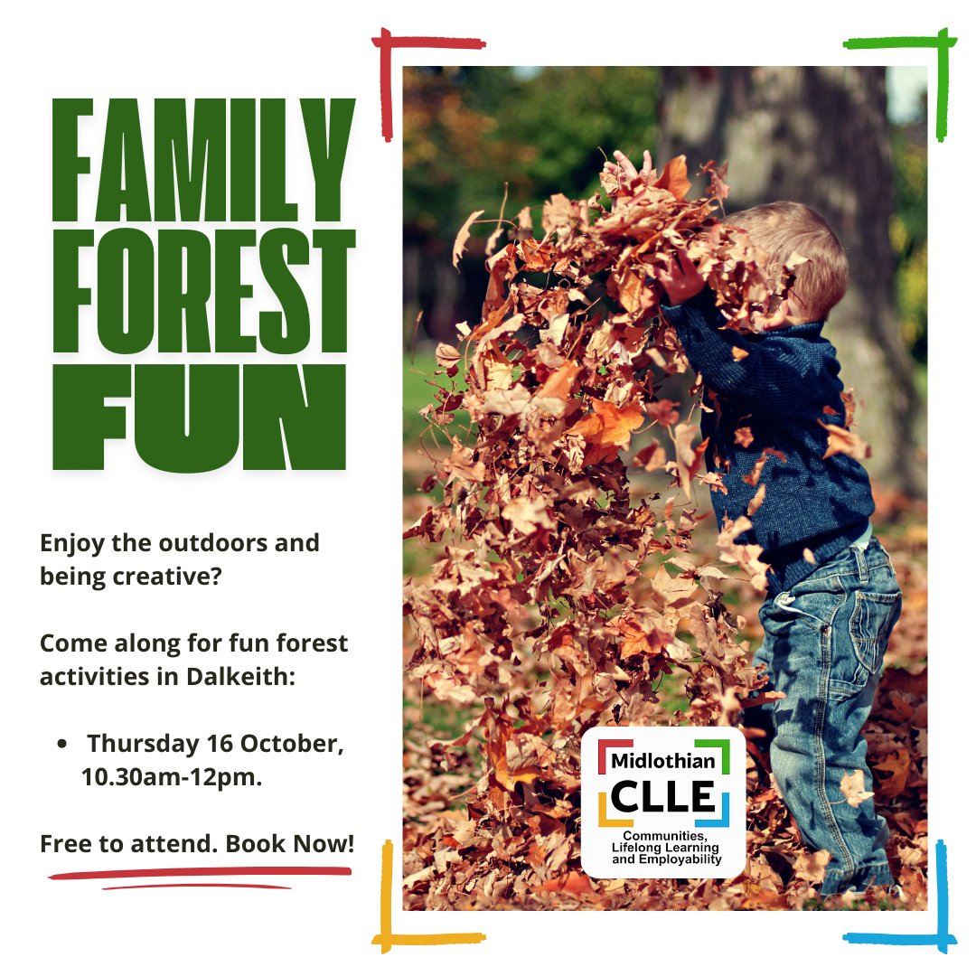 midgov's tweet image. 🌲 Free Forest Fun for Families! 🌲
Looking for holiday plans? Join us for forest games, nature play &amp;amp; outdoor adventures — perfect for kids &amp;amp; grown-ups!
📅 Thurs 16 Oct | 🕥 10:30–12:00 | 📍 Lidl, Dalkeith
🎟️ Free
📧 Book: cll@midlothian.gov.uk
#ForestFun #MidlothianEvents