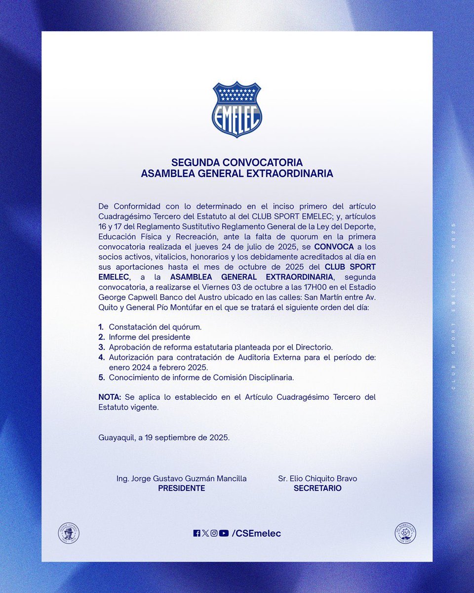 José Carlos Vásquez (@josecarlosvasq) on Twitter photo No debería haber excusa para que ningún socio de <a href="/CSEmelec/">Club Sport Emelec</a> no acuda hoy a la asamblea. Es momento también para que en días como hoy, demuestren futuros candidatos que les interesa la institución incluso en los momentos de crisis. Debe aparecer hoy todos, no en el futuro. No debería haber excusa para que ningún socio de <a href="/CSEmelec/">Club Sport Emelec</a> no acuda hoy a la asamblea. Es momento también para que en días como hoy, demuestren futuros candidatos que les interesa la institución incluso en los momentos de crisis. Debe aparecer hoy todos, no en el futuro.