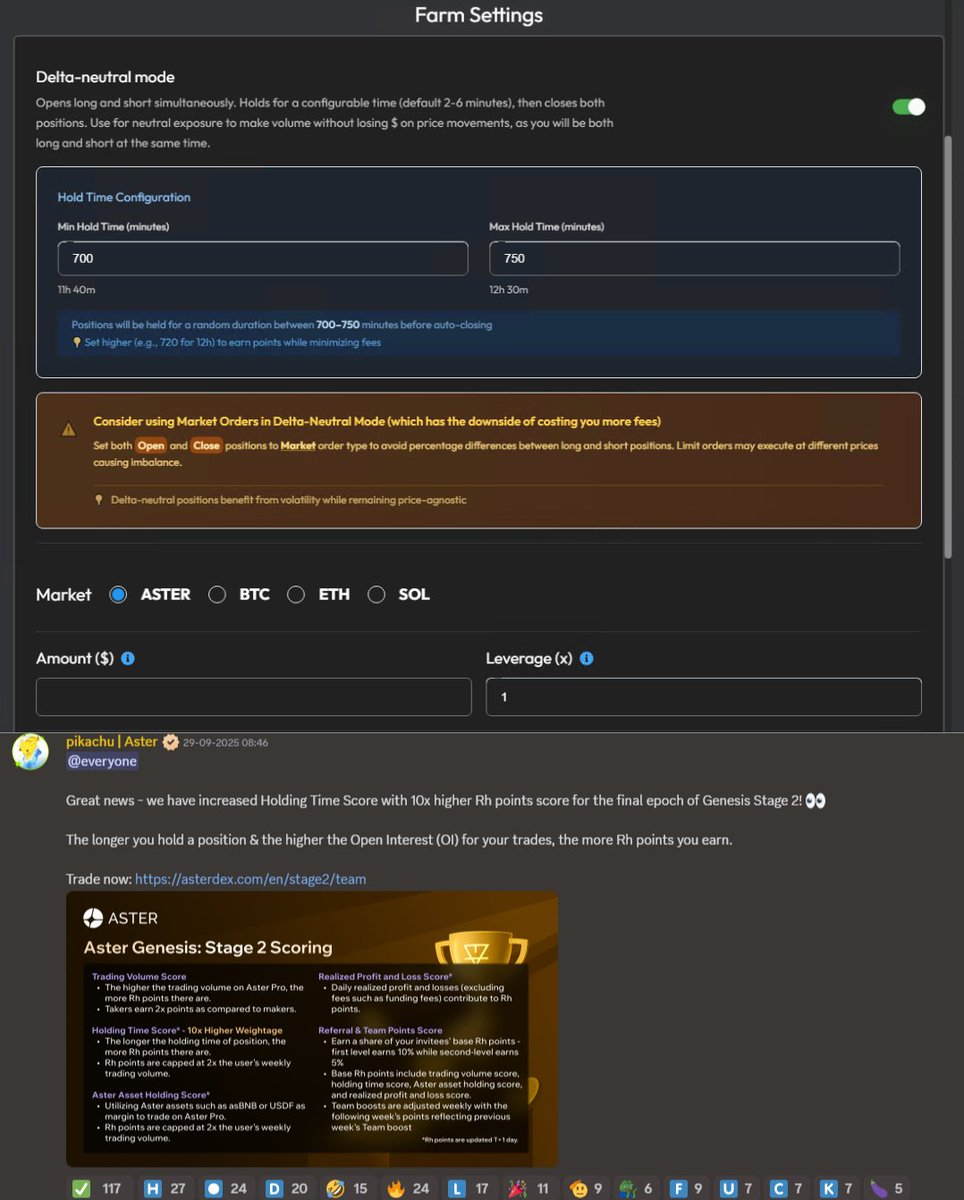 SOL_Decoder's tweet image. Aster announced they&apos;re boosting holding time scores with 10x higher Rh points 😻 

⚡ Supercharge it with our latest farmer update— Extended hold durations on our delta neutral mode. 
That&apos;s right, let the bot stack 10x more points for you risk-free with minimal fees paid too,…