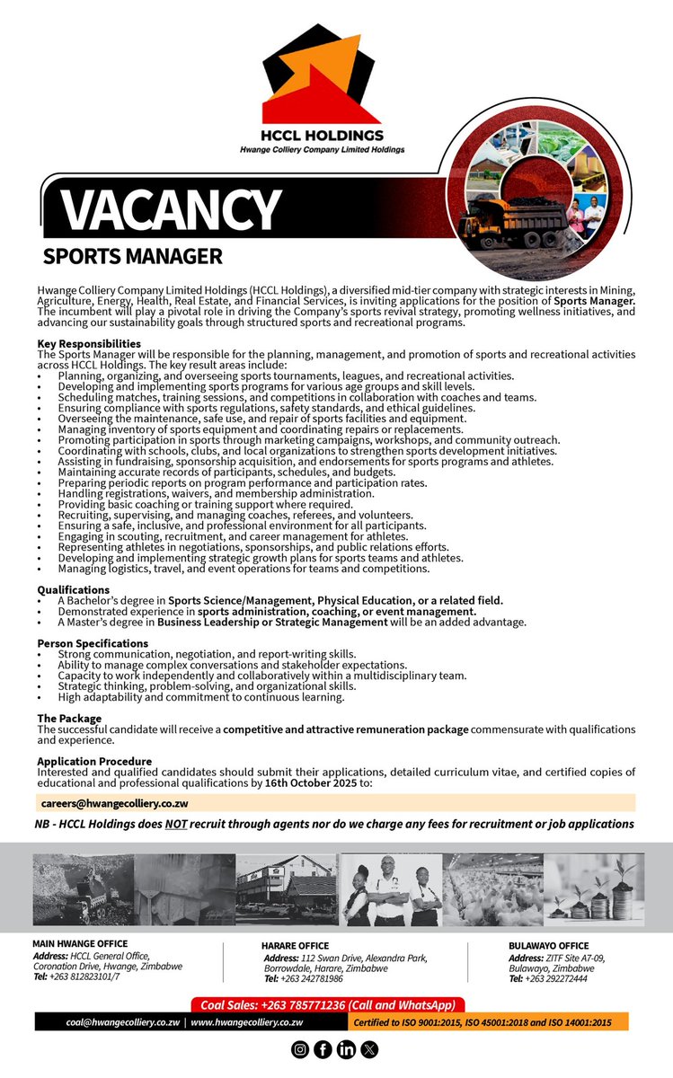📢 We’re hiring!

HCCL Holdings is looking for a Sports Manager to lead our sports revival strategy and wellness programs.

📌 Apply by 16 October 2025

📧 careers@hwangecolliery.co.zw

Join us in driving community wellness and sustainability through sport.