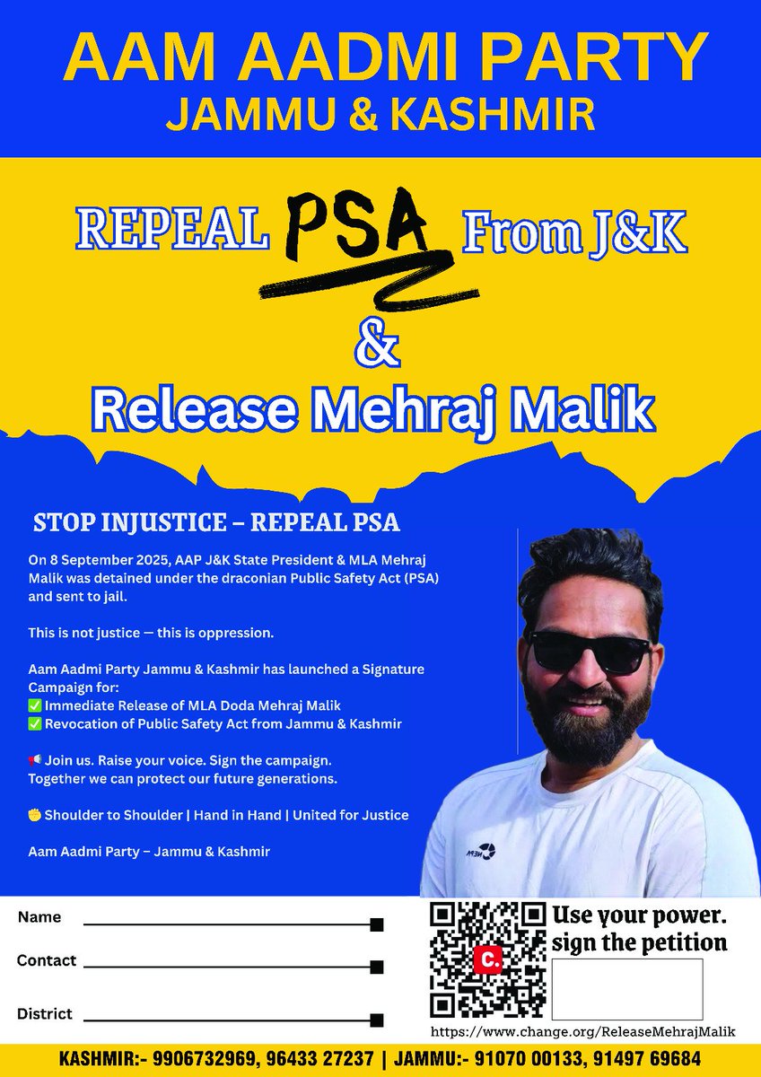 aapkamuddasir's tweet photo. We are launching a signature campaign across Jammu & Kashmir to raise our collective voice for the following demands:

1️⃣ Repeal the PSA from J&K
2️⃣ Immediate release of @MehrajMalikAAP and revocation of PSA against him.

Our team will be reaching out in every district of J&K to make this movement stronger. ✊
@ArvindKejriwal
@SanjayAzadSln
@ImranHussaain
#RepealPSA #ReleaseMehrajMalik #JusticeForJandK #AAP #Doda #StandWithJandK #PeoplePower