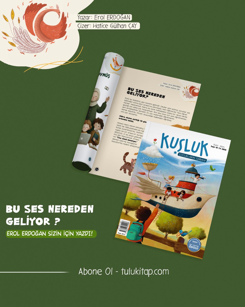 Kuşluk’tan haber var 🐦

“Çocuğumla neler okusak?” diyenlere özel: Kuşluk Dergi Eylül-Ekim sayısı çıktı 📖

Erol Erdoğan’ın yazdığı, Hatice Gülhan Çay’ın resmettiği Bu Ses Nereden Geliyor sizleri bekliyor. 🌿
Hemen abone olun

#TuluKitap #KuşlukDergi #NelerOkusak