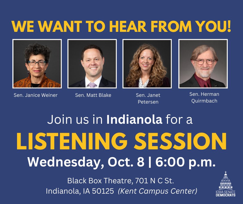 IowaSenate's tweet image. Reminder! Senate Democrats will be hosting a listening session in Indianola on October 8 at 6:00 p.m. We hope to see you there!