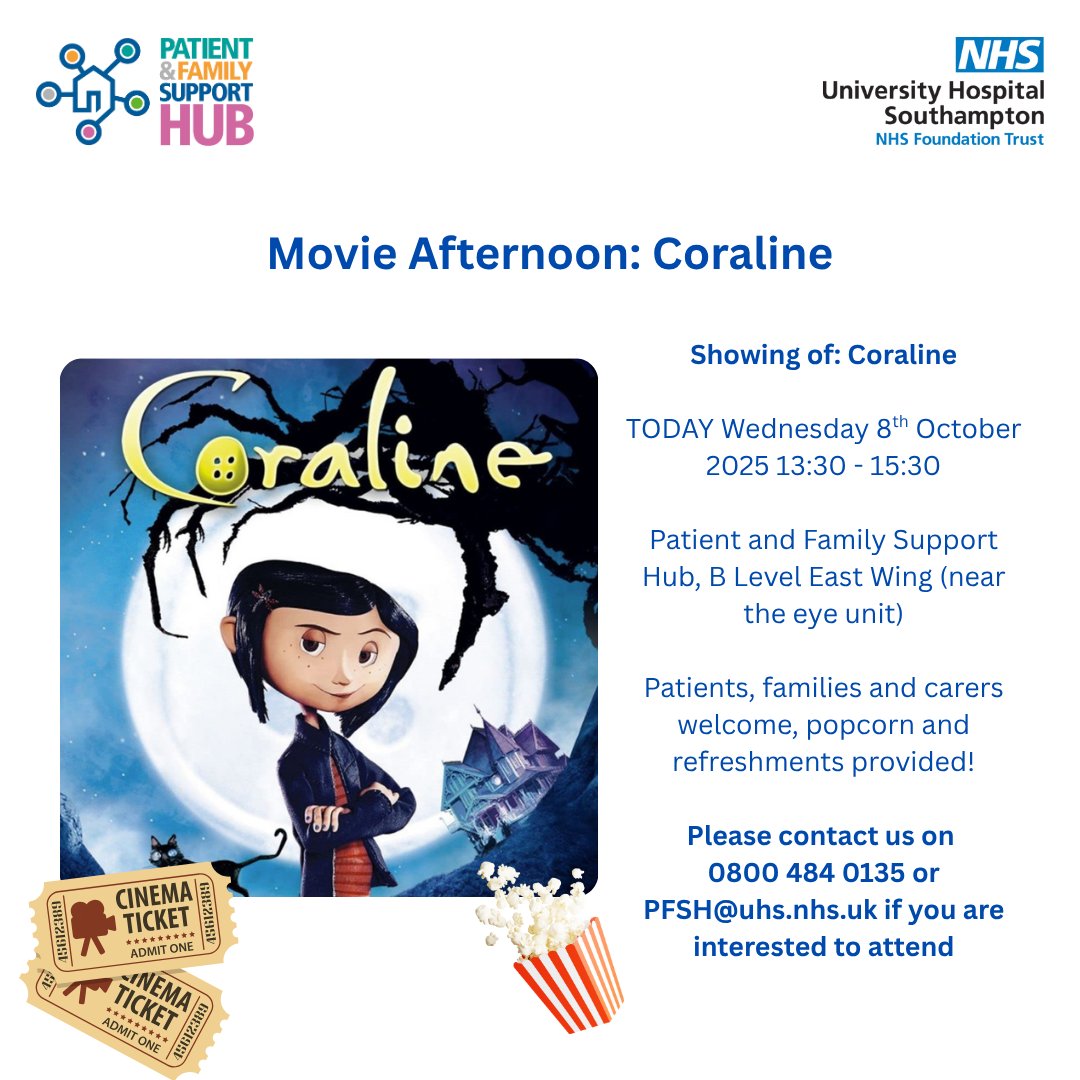 Today we will be starting spooky season with a showing of the movie Coraline in the Patient and Family Support Hub this afternoon! Please see the graphic for details ❤👇: