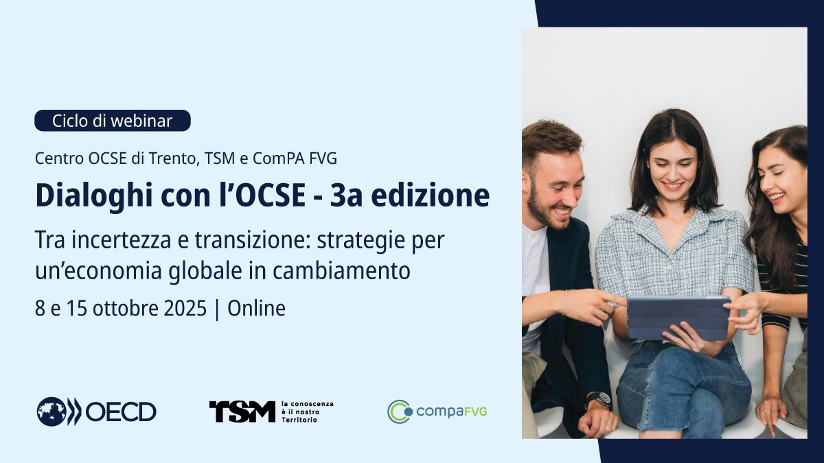 #webinaronline Dialoghi con l'OCSE
📌8 e 15 ottobre 2025

Un’occasione preziosa di confronto con esperti, istituzioni e imprese sui temi del #commerciointernazionale, #resilienza, #nuovetecnologie.

Iscrizioni 👉oe.cd/6bI