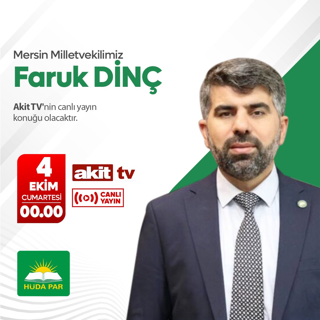 Mersin Milletvekilimiz Faruk Dinç, yarın saat 00.00'da Akit TV'nin canlı yayın konuğu olacaktır.