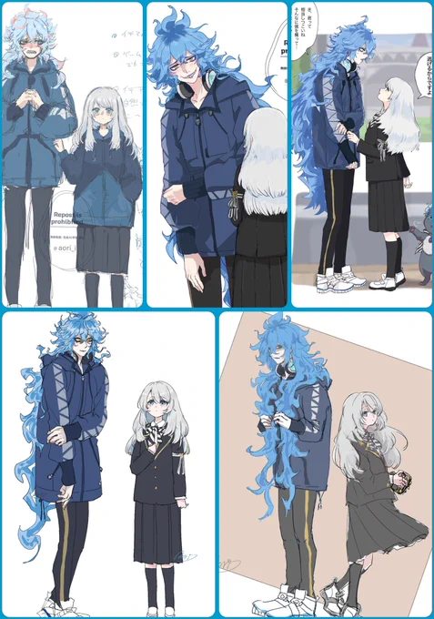 左上から右へ1月2月9月今日の全身立ち絵弊社イデ監…コロコロ変わりすぎてて安定の安定しない描き方😂特にデ!迷子すぎる(:3_ヽ)_監だんだん髪がもふ長くなってて呪い人形か🙃 