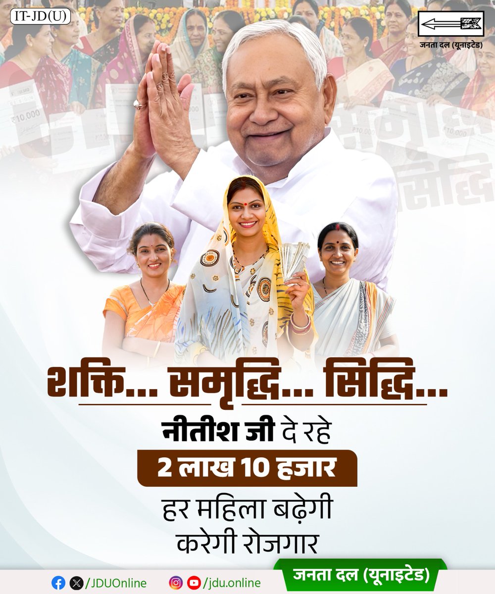 Jduonline's tweet image. नीतीश जी के कुशल नेतृत्व और दृढ़ संकल्प से आज बिहार की हर महिला समृद्धि की राह पर अग्रसर है। अब हर महिला स्वावलंबी है, हर महिला सशक्त है।

#JDU #NitishKumar #FinancialAssistance #MahilaShakti #SelfReliantWomen #WomenEmpowerment