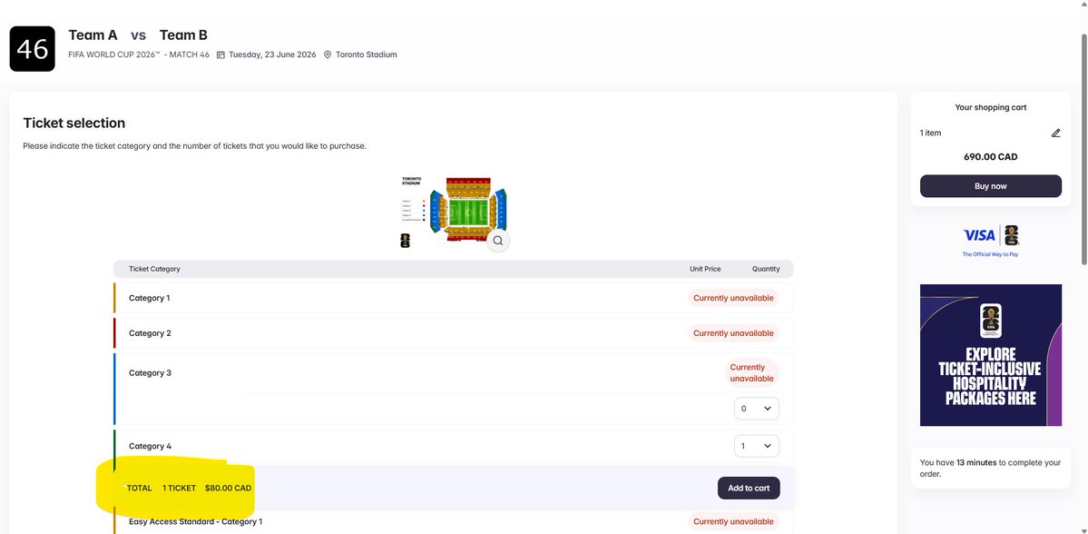 _nicotoffee's tweet image. How does this make sense? 

@FavianRenkel @World_Cup_Guide 
#FIFAWorldCup2026 #FIFA #FIFAWorldCup #WorldCup #Mundial

First picture: FIFA website says $80.00 for a CAT4 Ticket

Second picture: Once the ticket is in my shopping cart, the price is now $1300 CAD.