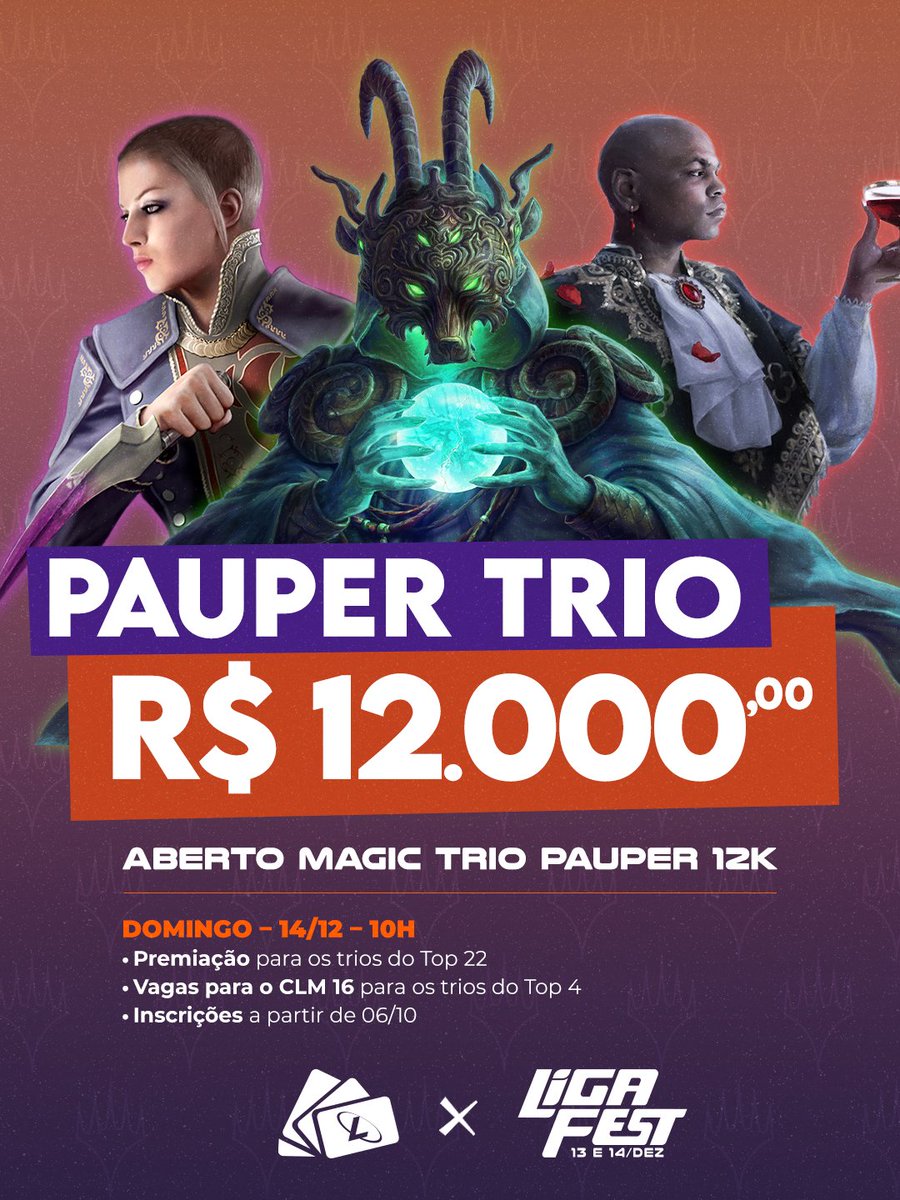 ligamagicbr's tweet photo. A @LigaFest e nesse ano teremos o Aberto Pauper Trio 12K. Junte você e mais dois amigos e se prepare!

As inscrições começam na segunda-feira, 06 de outubro. Mais informações em https://t.co/1vLiYlEpZe.

#MagicTheGathering #MTGPauper #TCG https://t.co/ZgL8JoUWe9