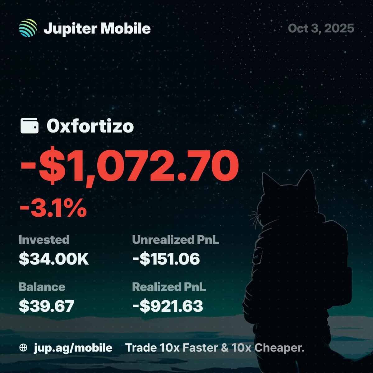 Are ya winning son?

Yes dad, I just found an unrealised pnl by the newly introduced pnl tracker from Jupiter.

I'm gonna share out this negative $1,072.70 to the first 100 people who like and drop their solana wallet.