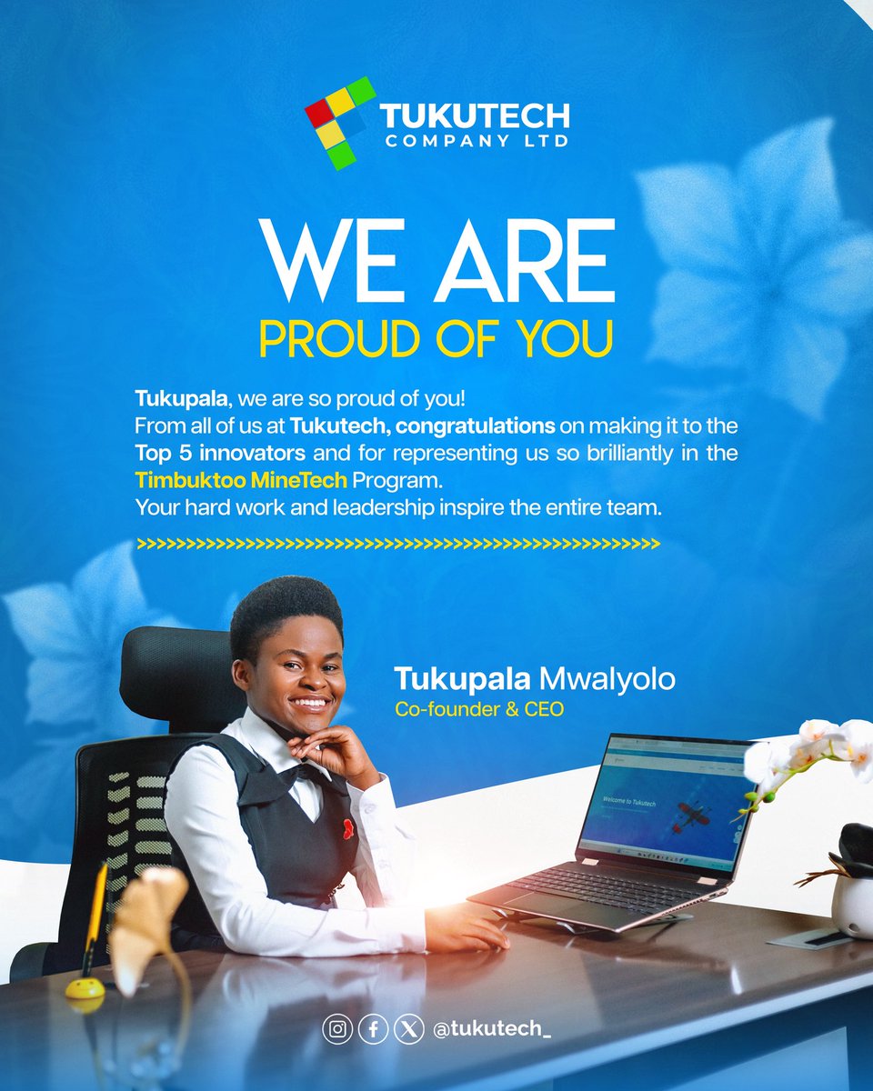 Huge congratulations to our CEO, @tukupalamwalyolo, for being among the Top 5 innovators in the Timbuktoo MineTech Accelerator! 

Out of 350+ African startups, we proudly emerged as winners! 🏆

 #MiningForTommorrow  <a href="/UNDPZambia/">UNDP Zambia</a> 
<a href="/BongoHive/">BongoHive</a>