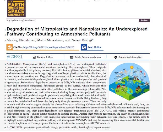 Glad to share our review article appeared in <a href="/ACSEarthSpace/">ACS Earth Space Chem</a>

It highlights the underexplored degradation pathways of atmospheric MPs/NPs that may be enhancing their environmental, health, and climatic implications, and proposes the future direction
#microplastics #nanoplastics