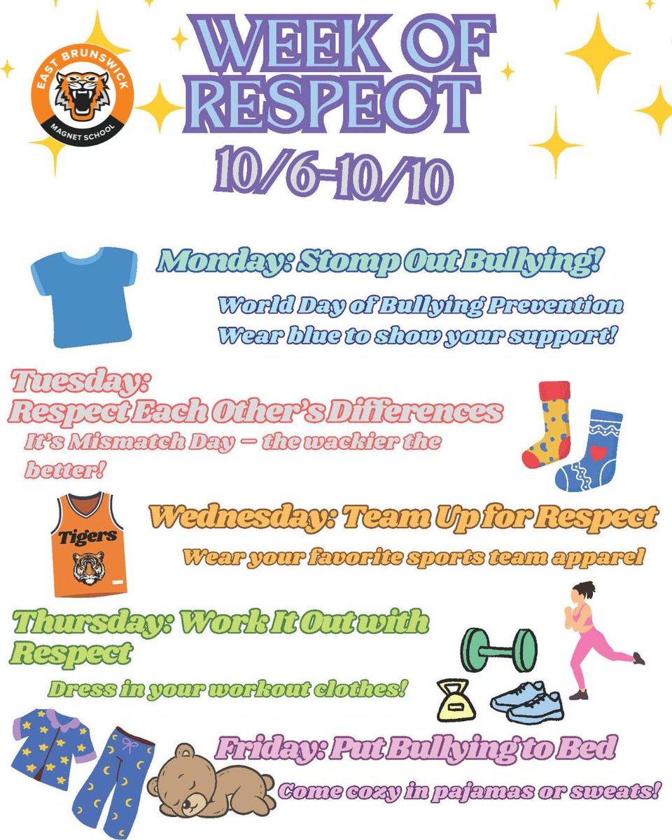 Monday begins the #WeekOfRespect! Show your support and school spirit by joining in on our themed dress-up days. 
Let’s come together to celebrate #kindness, #respect, and #unity. ✨#EastBrunswickTigers