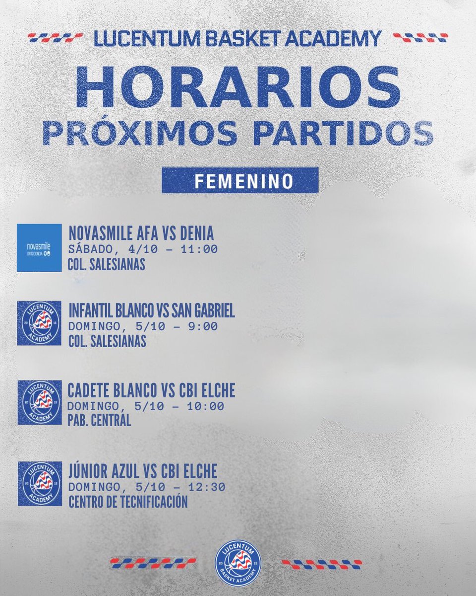 📝 Agenda de partidos para nuestros equipos de la #LucentumBasketAcademy

💙 ¡𝐕𝐚𝐦𝐨𝐬!