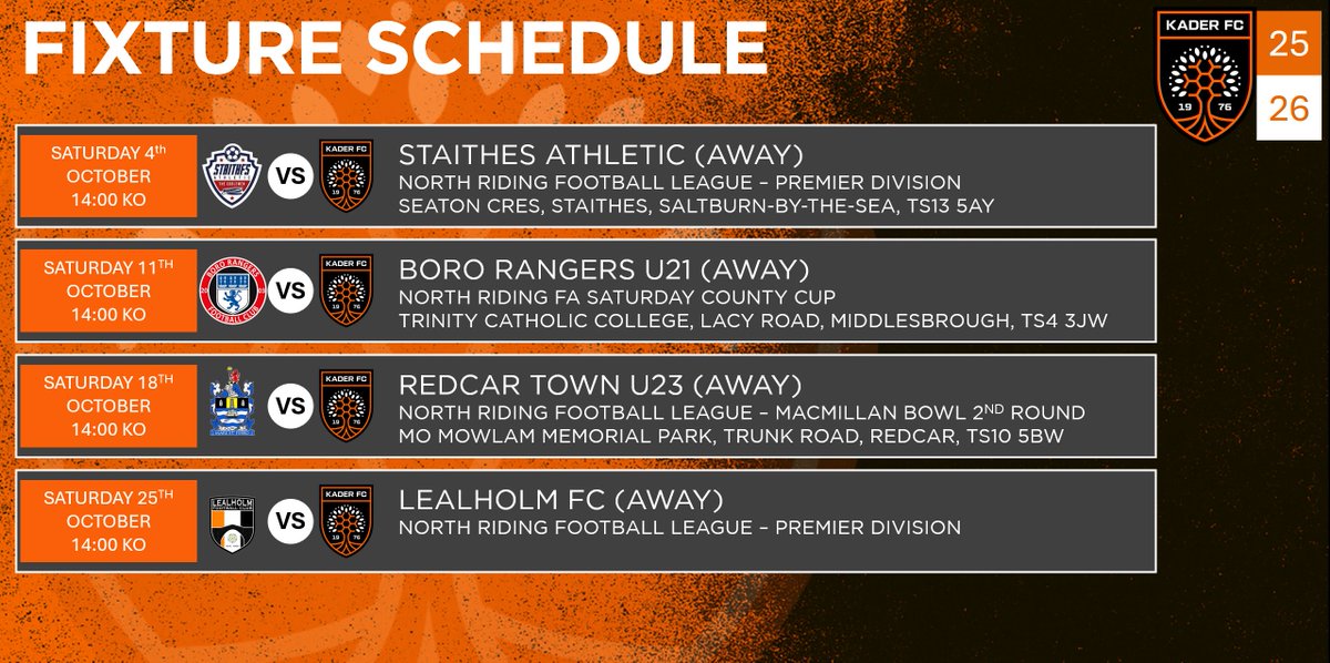 Here's a look ahead to our fixtures in October, 2 league games along with our cup campaigns getting underway in both the <a href="/NRFLOfficial/">North Riding League</a> MacMillan Bowl and the
<a href="/NorthRidingFA/">North Riding FA</a> Saturday County Cup.