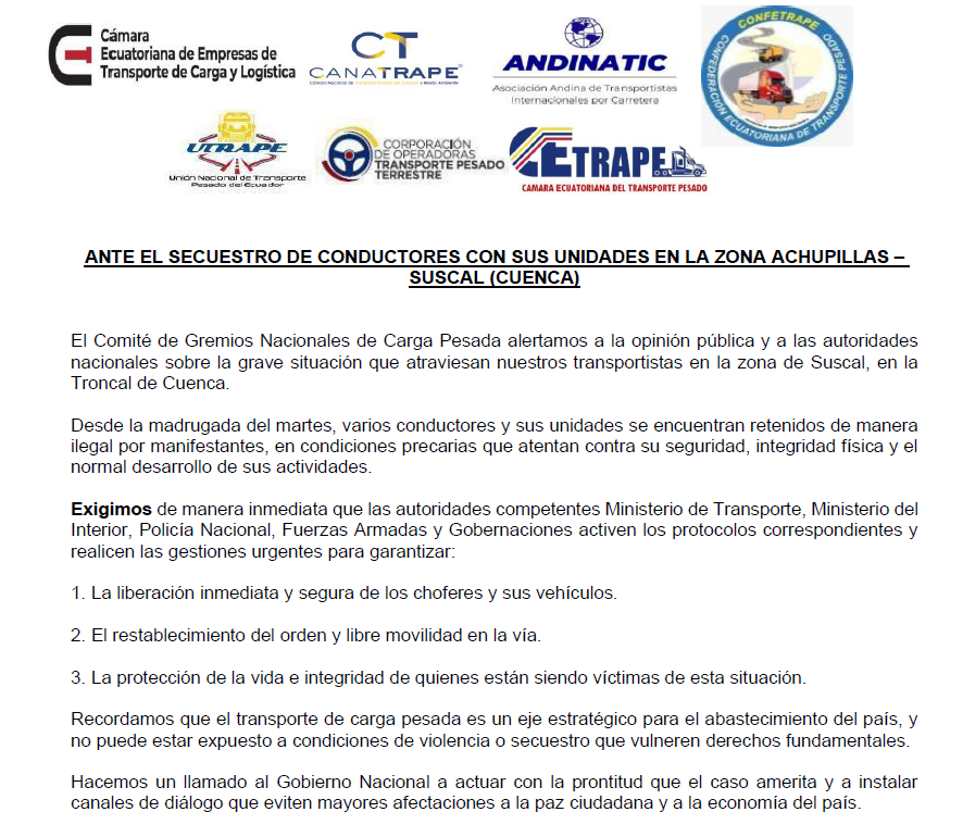 🚨ALERTA URGENTE – TRANSPORTISTAS RETENIDOS EN SUSCAL (CUENCA) 📷
#Comunicado
#manifestacion
#Secuestro
#transportistas
#UrgenteCOMPARTAN 
<a href="/confetrape/">CONFETRAPE</a> 
<a href="/UTRAPE_EC/">UTRAPE OFICIAL</a> 
<a href="/ANDINATICECU/">ANDINATIC</a> 
<a href="/canatrape_org/">Cámara de Transporte Pesado del Ecuador</a> 
<a href="/cetrape/">CETRAPE</a> 
<a href="/copertrapet/">@copertrapet</a> 
<a href="/Presidencia_Ec/">Presidencia Ecuador 🇪🇨</a> 
<a href="/MinGobiernoEc/">Ministerio de Gobierno Ecuador</a> 
<a href="/MIT_Ecuador/">Ministerio de Infraestructura y Transporte 🇪🇨</a> 
<a href="/MinInteriorEc/">Ministerio del Interior Ecuador 🇪🇨</a>