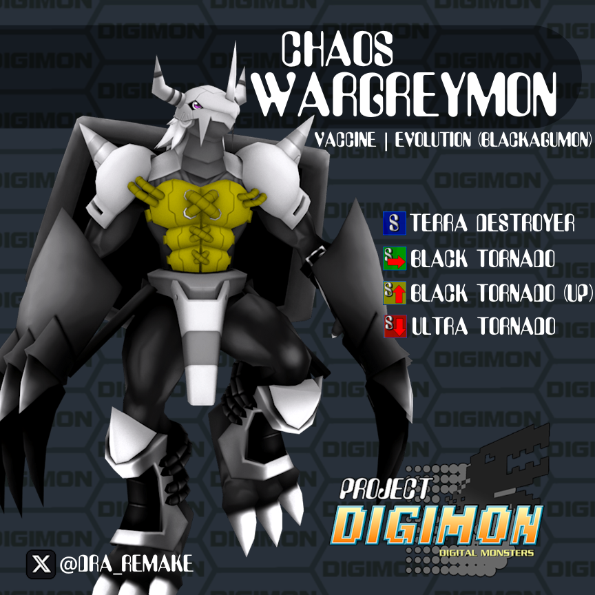 DRA_Remake's tweet image. Chaoswargreymon is a variant of BlackWargreymon that is amped up in the firepower department, using homing missiles as well as larger fire pillars. He is unlocked after using a password found in the game.

#digimonworld2 #projectdigimon