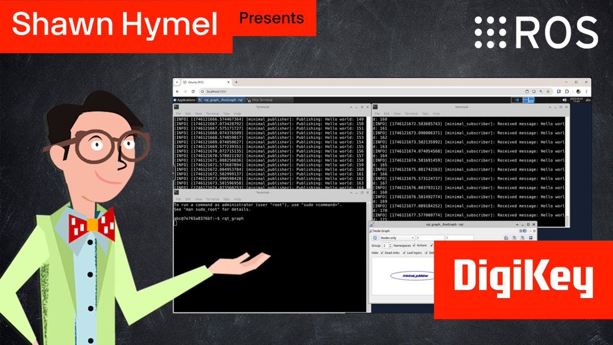 ShawnHymel's tweet image. New #ROS video out! In it, I walk through the process of creating custom publisher and subscriber nodes in Python to communicate over topics. Check it out!
👇👇👇
Link in replies

#robotics #Python #programming @rosorg