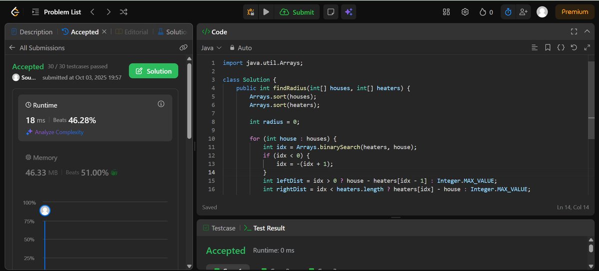 SoumyajitSingh_'s tweet image. Day 10/100 – #LeetCode100DaysChallenge
Problem: Heaters
Time: O(n log n) | Space: O(1) | Runtime: 18 ms (beats 46.28%)
Small daily wins compound into big achievements.
#100DaysOfCode #LeetCode #Java #DSA #CodingChallenge #ProblemSolving #Zigbee