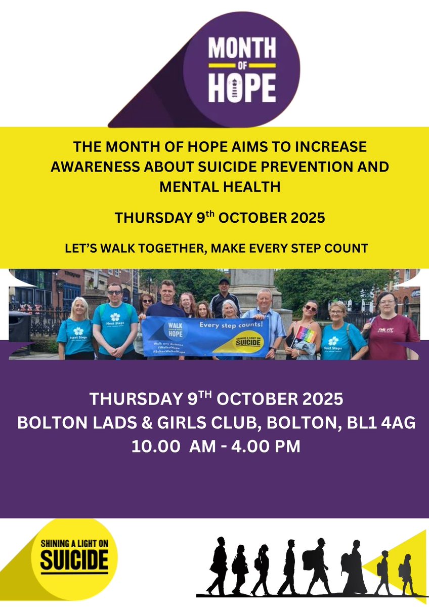 🚶‍♀️ Every step counts.

Join us for the Month of Hope event on Thursday 9th October, 10AM 4PM at Bolton Lads &amp; Girls Club.

Let’s walk together to raise awareness and shine a light on suicide prevention.

#MonthOfHope