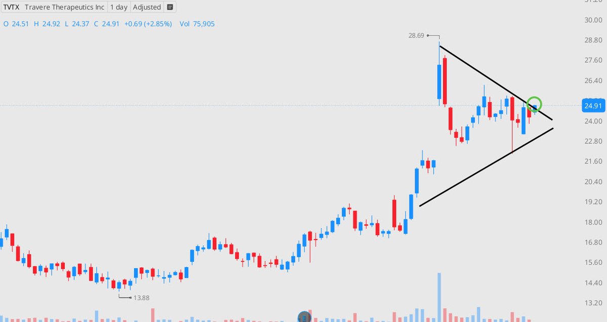 TVTX showing classic momentum setup: strong impulse leg followed by tight symmetrical triangle consolidation. Price now pressing above resistance — I’m long in anticipation of a breakout. Train your eyes to see these coils before they explode. #SwingTrading