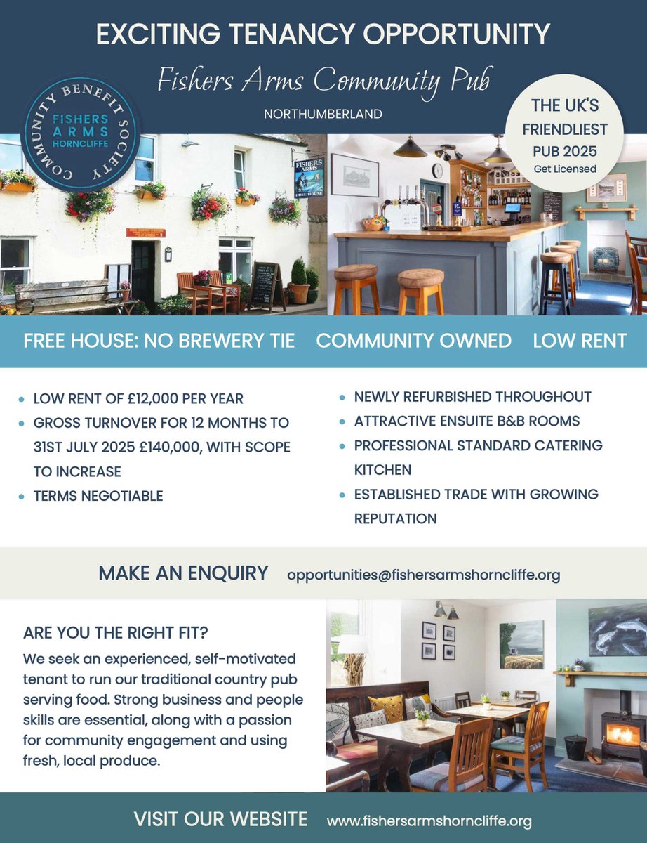 Still looking for the ideal tenant for our lovely pub. Note the new email address for enquiries opportunities@fishersarmshorncliffe.org