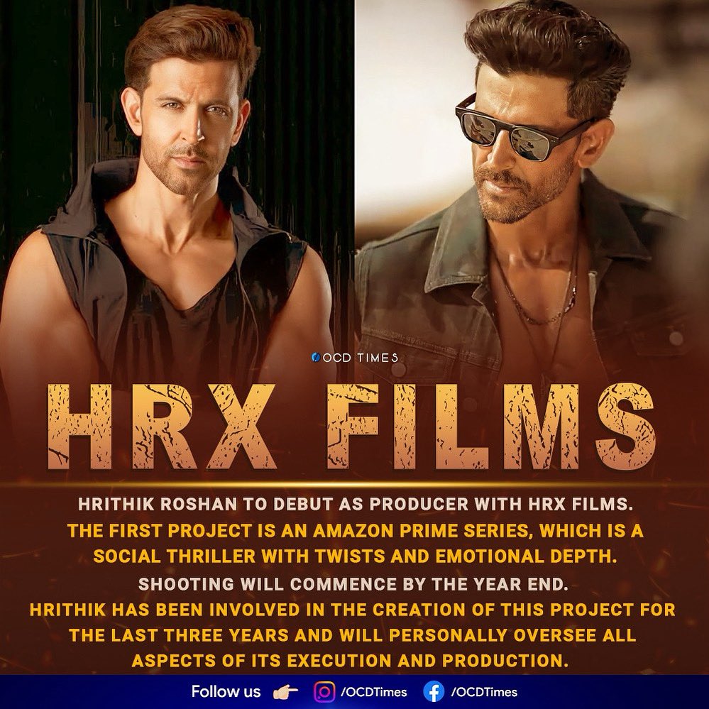 ocdtimes's tweet image. Founded in 2019, #HRXFilms was first credited in Hrithik's 2019 acclaimed biographical drama, #Super30, where he was a silent producer.
.
The upcoming series will officially mark the company’s first project as an active producer. 
.
#OCDTimes #HrithikRoshan #HRX #HRXFilms