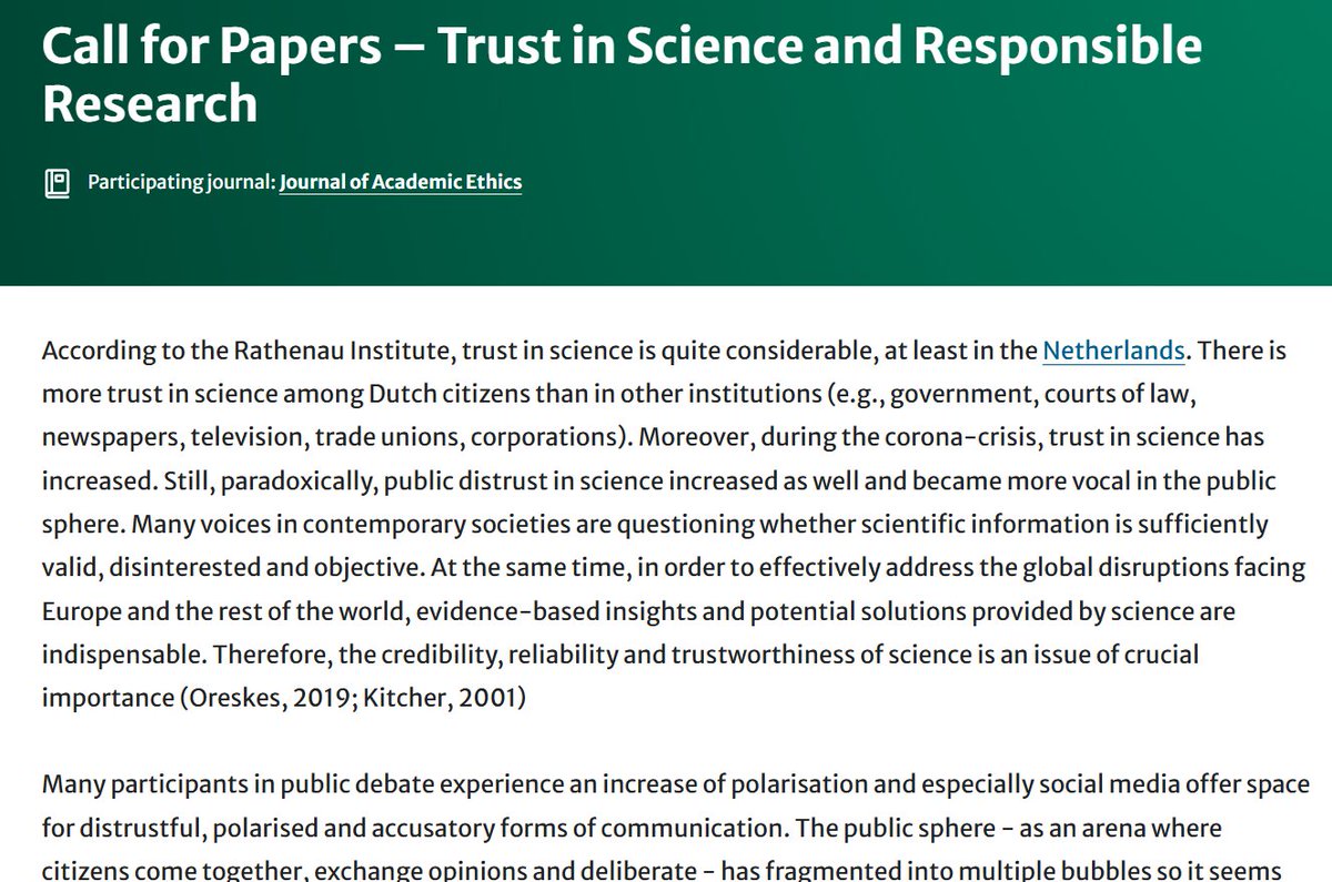 SpringerEthics (@springerethics) on Twitter photo Call for submissions – Trust in Science and Responsible Research
Submission deadline 31 October 2025
Journal of Academic Ethics
Guest Editors Hub Zwart and Loreta Tauginienė
link.springer.com/collections/ja… Call for submissions – Trust in Science and Responsible Research
Submission deadline 31 October 2025
Journal of Academic Ethics
Guest Editors Hub Zwart and Loreta Tauginienė
link.springer.com/collections/ja…