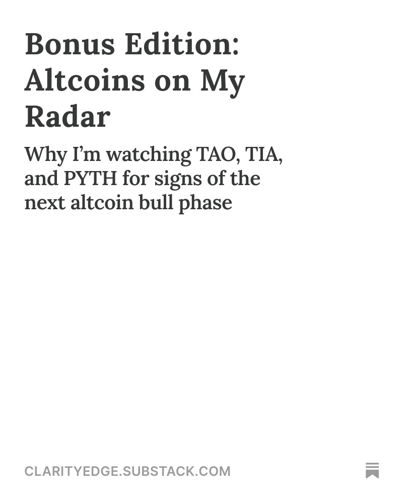 JonatanRLZ's tweet photo. The altcoin market was the first space I ever invested in, and even though my main focus today is on Forex and macro-technical analysis, I still keep a close eye on key projects in crypto. Narratives drive cycles, and right now I’m watching TAO, TIA, and PYTH closely. Each of them is showing signs of potential accumulation, and once that phase breaks, it often marks the beginning of the public participation phase, in other words, the start of a bull market.

TAO is setting up below major resistance with positive divergences on volume, TIA is compressing into a potential base that could soon resolve upward, and PYTH has the kind of volatility where even a move back to local resistance would represent a 50% gain. I’ve just published a bonus edition of Clarity Edge’s newsletter where I break down all the details 👇

https://t.co/PlHfUns77Z