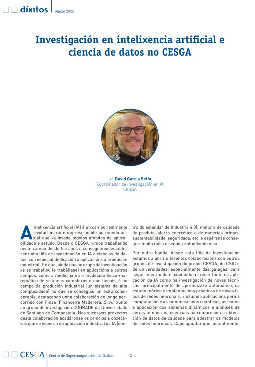 CESGA_'s tweet image. 🤖💡 En el #CESGA aplicamos #IA y ciencia de datos de la #Industria40 junto a empresas como #FINSA y grupos como #COGRADE de la #USC.

Innovación para la sostenibilidad, la seguridad y la eficiencia energética.

📖 Más en la revista #Díxitos.

#Supercomputación #DataScience