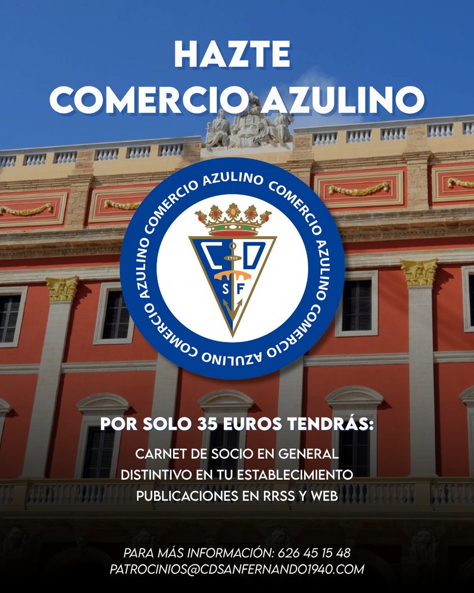 🛍️ ¡𝐇𝐚𝐳𝐭𝐞 𝐜𝐨𝐦𝐞𝐫𝐜𝐢𝐨 𝐚𝐳𝐮𝐥𝐢𝐧𝐨! 

💙¡Promociona tu establecimiento y hazte socio del Club de todos los cañaíllas! 

Toda la información aquí: 
cdsanfernando1940.es/hazte-comercio…

#CDSanFernando1940
